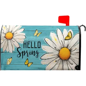 Détail de housse de boîte aux lettres marguerites de printemps avec papillons colorés.