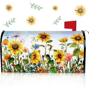 Detailansicht der lebendigen Sonnenblumen und Wildblumen magnetischen Briefkastenabdeckung.