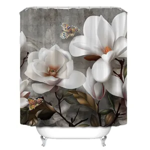 Waterdichte stoffen douchegordijn met witte magnolia bloem en vlinder print ontworpen voor badkamer