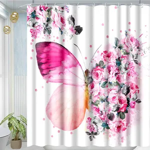 Watercolor butterfly and pink roses shower curtain, beautiful floral bathroom decor set.
