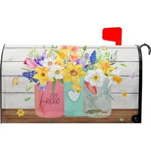 Detailansicht der bunten Blumen-Briefkastenabdeckung mit Frühlingsmotiv und Watercolor.