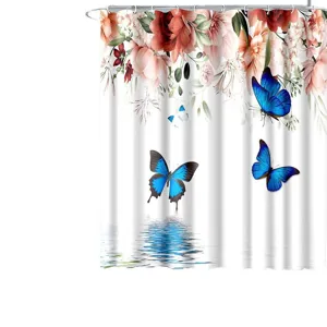 Watercolor floral and blue butterfly shower curtain for bathroom, waterproof fabric.