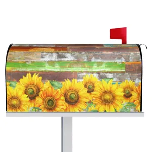 Housse aimantée pour boîte aux lettres avec tournesols et motif bois, décoration imperméable.