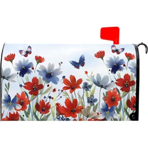 Dekorativer Blumen-Briefkastenbezug mit Aquarellblumen und Schmetterlingen fuer den Garten.