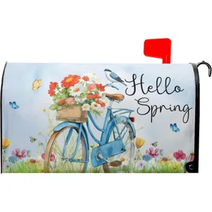 Vue détaillée de la housse de boîte aux lettres de printemps avec fleurs et bicyclette.