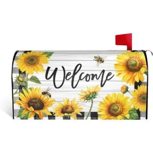 Sonnenblume magnetische Briefkastenabdeckung Detail, lebendiges Blumen- und Bienendesign.