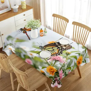 Nappe de table rectangulaire imperméable avec motifs de papillons et fleurs de printemps pour déco.