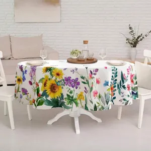 Round waterproof tablecloth with watercolor floral sunflower illustration for dining room decor.