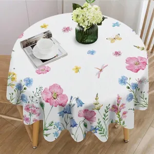 Waterproof round tablecloth with watercolor floral and butterfly print for table decor