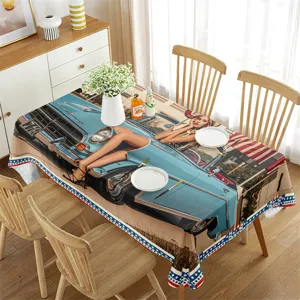 Mantel rectangular impermeable con diseño retro de coche pin-up y estilo clásico americano para hogar.