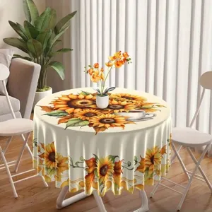 Round waterproof tablecloth with sunflower print, minimalist style home decor table cover.