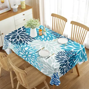 Waterproof rectangular tablecloth with blue leaf pattern, modern aesthetic dining table cover.