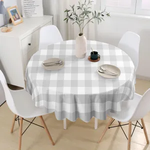 Modern waterproof grey and white checkered round tablecloth for elegant home dining decor.