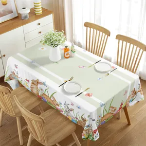 Mantel rectangular impermeable de Pascua con lindo diseño de conejo y flores para el comedor.