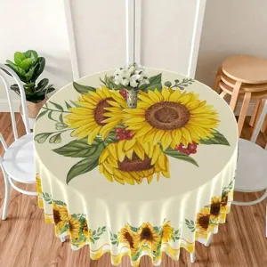 Waterproof Round Tablecloth Botanical Floral Table Cover Polyester Wipeable Protector For Kitchen Dining