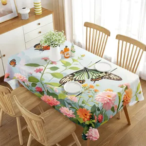Nappe rectangulaire imperméable avec imprimé floral et papillons de printemps colorés.