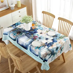 Waterproof blue floral rectangular tablecloth for dining table home decoration style