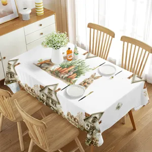 Mantel impermeable con bonito estampado de conejos y zanahorias, ideal para decoración de pascua.