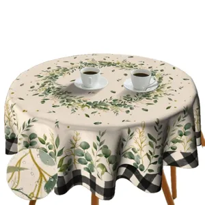 Waterproof round tablecloth with eucalyptus leaves pattern and chic plaid border for home decor.