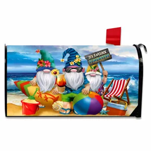 Summer beach gnome mailbox cover decorative wrap, vibrant coastal floral design, durable.