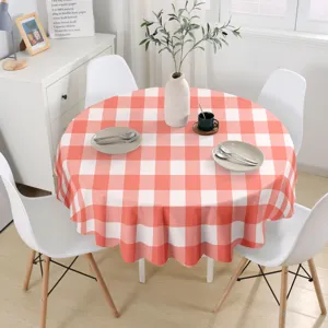 Round red and white checkered tablecloth with waterproof design for modern home dining table.