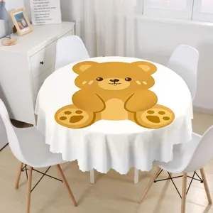 Waterproof round tablecloth featuring cute bear print and wave lace edge for home decor.