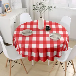 Round red and white checkered waterproof tablecloth, modern minimalist dining table decor.