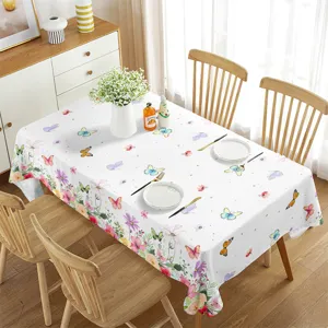 Waterproof rectangular floral tablecloth with butterflies for spring and summer dining table decor.