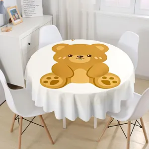 Waterproof Round Tablecloth Cute Cartoon Bear Pattern Table Cover With Wave Lace Or Flat Edge For Home Kitchen Dining Room Decor