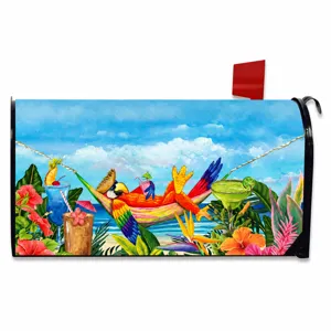 Tropical parrot mailbox cover with summer cocktail design, waterproof outdoor wrap decor.
