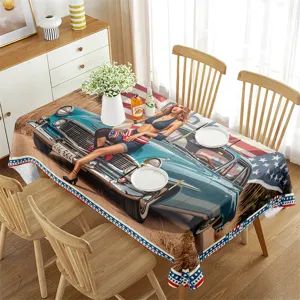 Mantel rectangular impermeable con coche vintage y pin-up para decoración de mesa de comedor