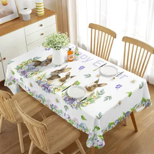 Mantel rectangular impermeable de Pascua con diseño de conejito lindo y flores para comedor.