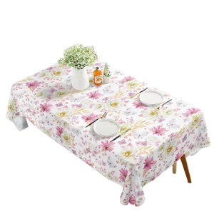 Waterproof rectangular tablecloth with elegant pink floral and butterfly print for spring and summer decor.