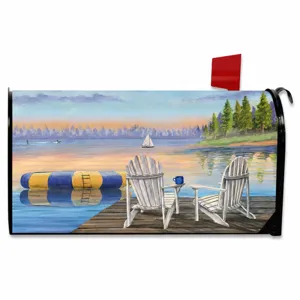 Outdoor magnetic mailbox cover with peaceful lake scenery, waterproof fabric for yard decoration.