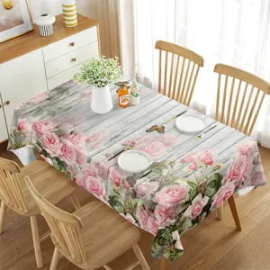 Rectangle waterproof tablecloth with pink roses and white wood grain for home decor.
