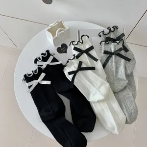 Spring summer thin bow socks women Lolita style ruffle edge vertical stripe slouch socks