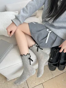 Spring summer thin women bow socks Lolita preppy style cute stack socks ruffles gray
