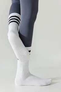Women white yoga socks with black stripes, non-slip pilates fitness athletic long sport socks.