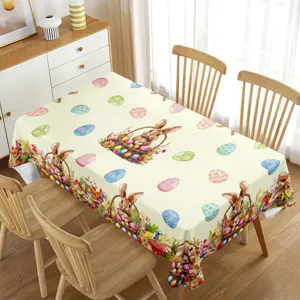 Mantel de Pascua rectangular impermeable conejo tierno flores decoración mesa de comedor