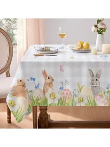 Mantel rectangular impermeable de Pascua con diseño de conejo lindo y flores para mesa.