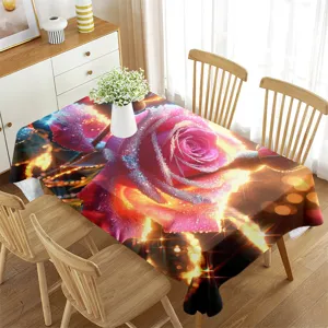 Vista dettagliata di tovaglia rettangolare impermeabile con rose rosse e stampa digitale brillante.