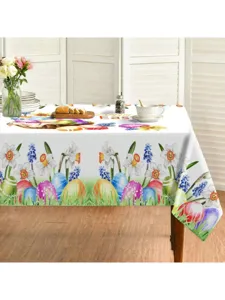 Mantel de mesa rectangular impermeable de Pascua con huevos de acuarela y motivos florales.