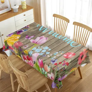 Rectangle waterproof tablecloth with watercolor floral wooden design for home dining table.
