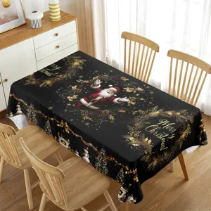 Black Christmas rectangular tablecloth featuring Santa Claus and golden festive design.