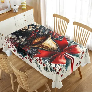 Christmas waterproof rectangular tablecloth with golden bell and red bow holiday decor