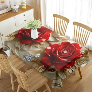 Tovaglia rettangolare impermeabile con stampa di rose rosse 3D per elegante arredamento da pranzo.