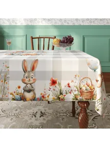 Vista detallada de mantel de Pascua con diseño de conejito lindo y coloridos huevos impresos.