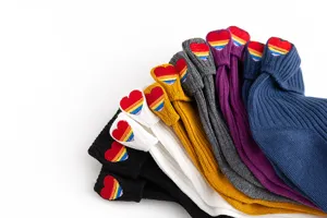 Japanese style cotton slouch socks with colorful rainbow heart embroidery, comfortable mid tube.