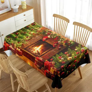 Christmas tree waterproof rectangular tablecloth, festive dining table decor detail.