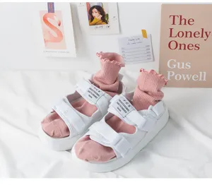 Japanese style ruffled mid-calf socks paired with white platform sandals trendy footwear cute